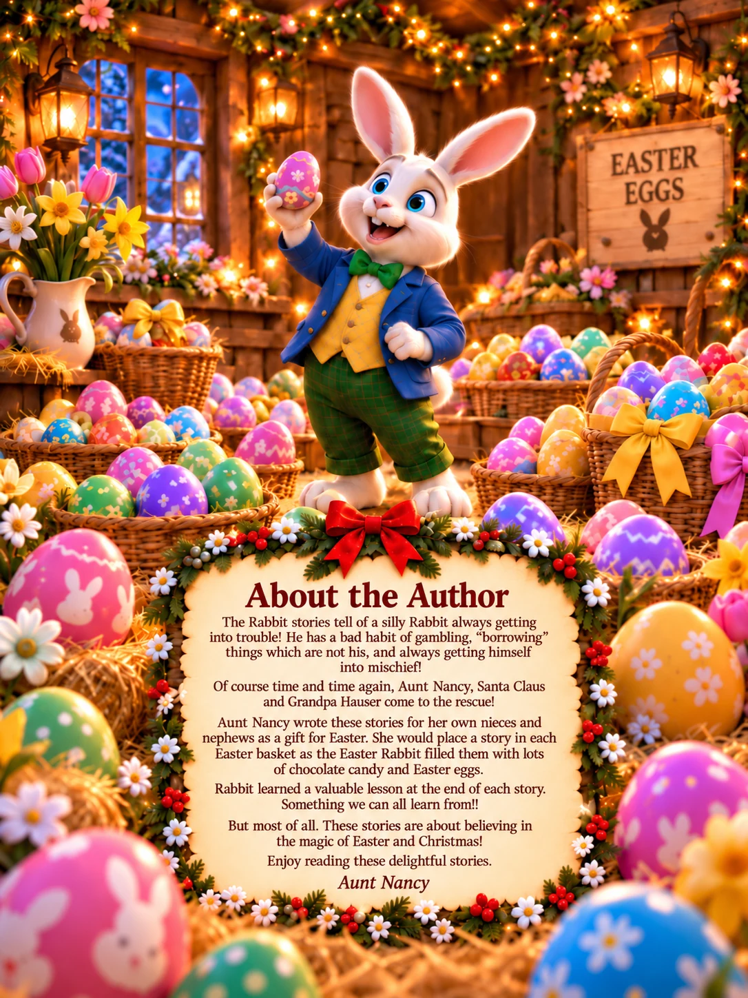 The back cover: the Easter Bunny holds a decorated egg in a flower-filled workshop, above Aunt Nancy's note about writing stories for her nieces and nephews.